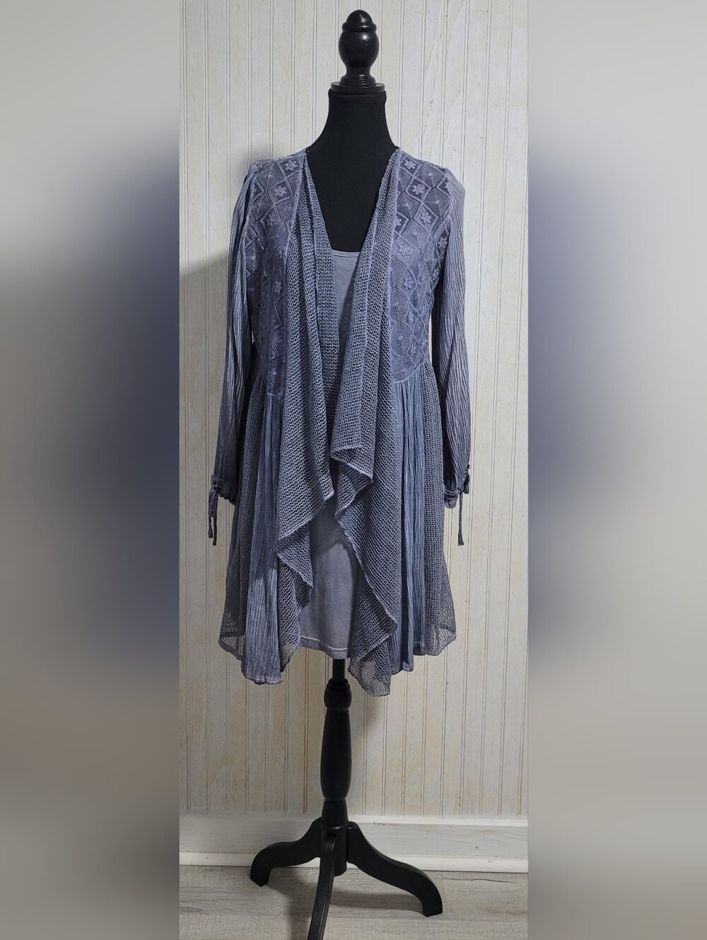 ​Pretty Angel Slate Blue Lace Crochet Duster Cardigan Cami Dress Set Size S / M